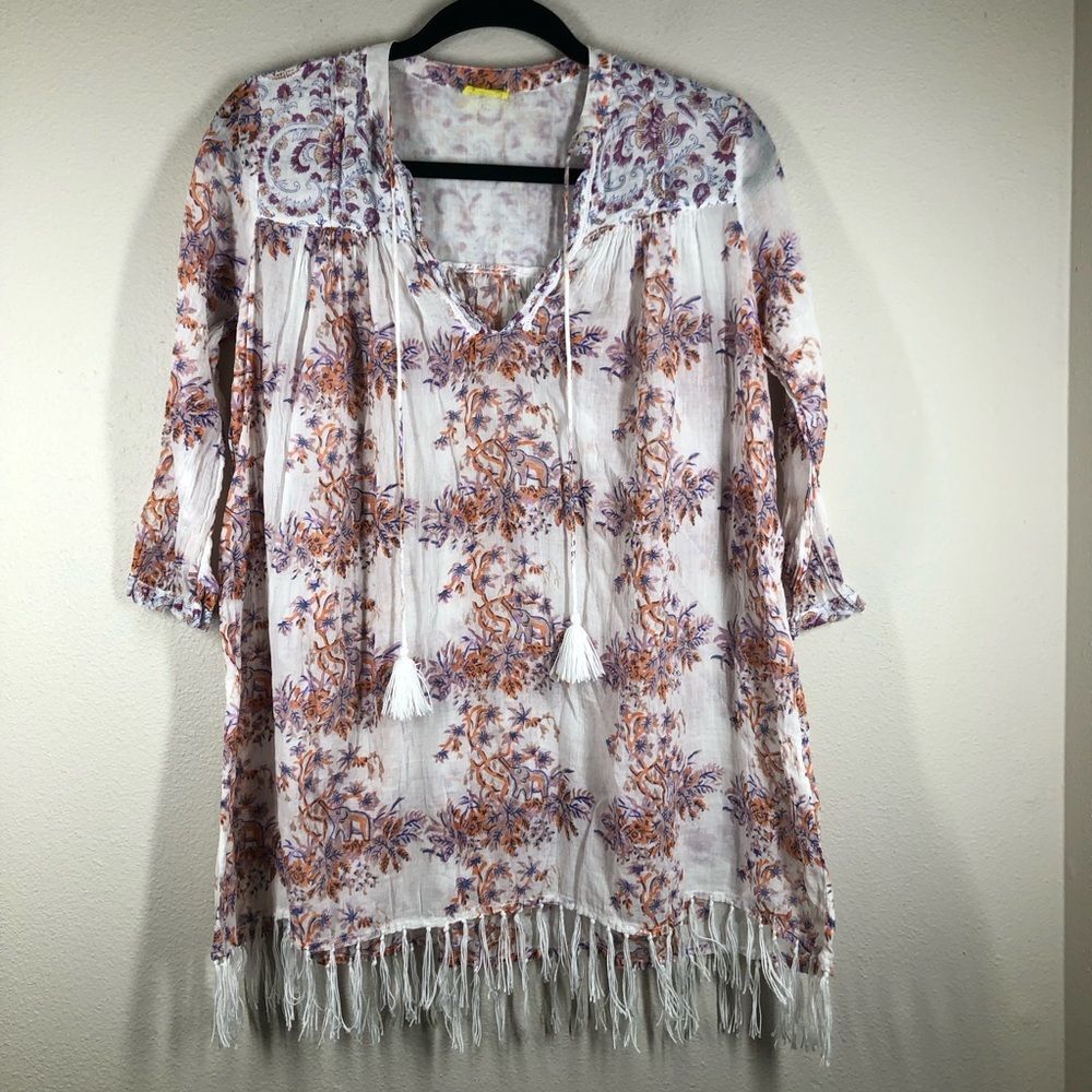 Roller Rabbit Serafina Tunic Cover Up Tropical Elephant Print Tassels Size XXS